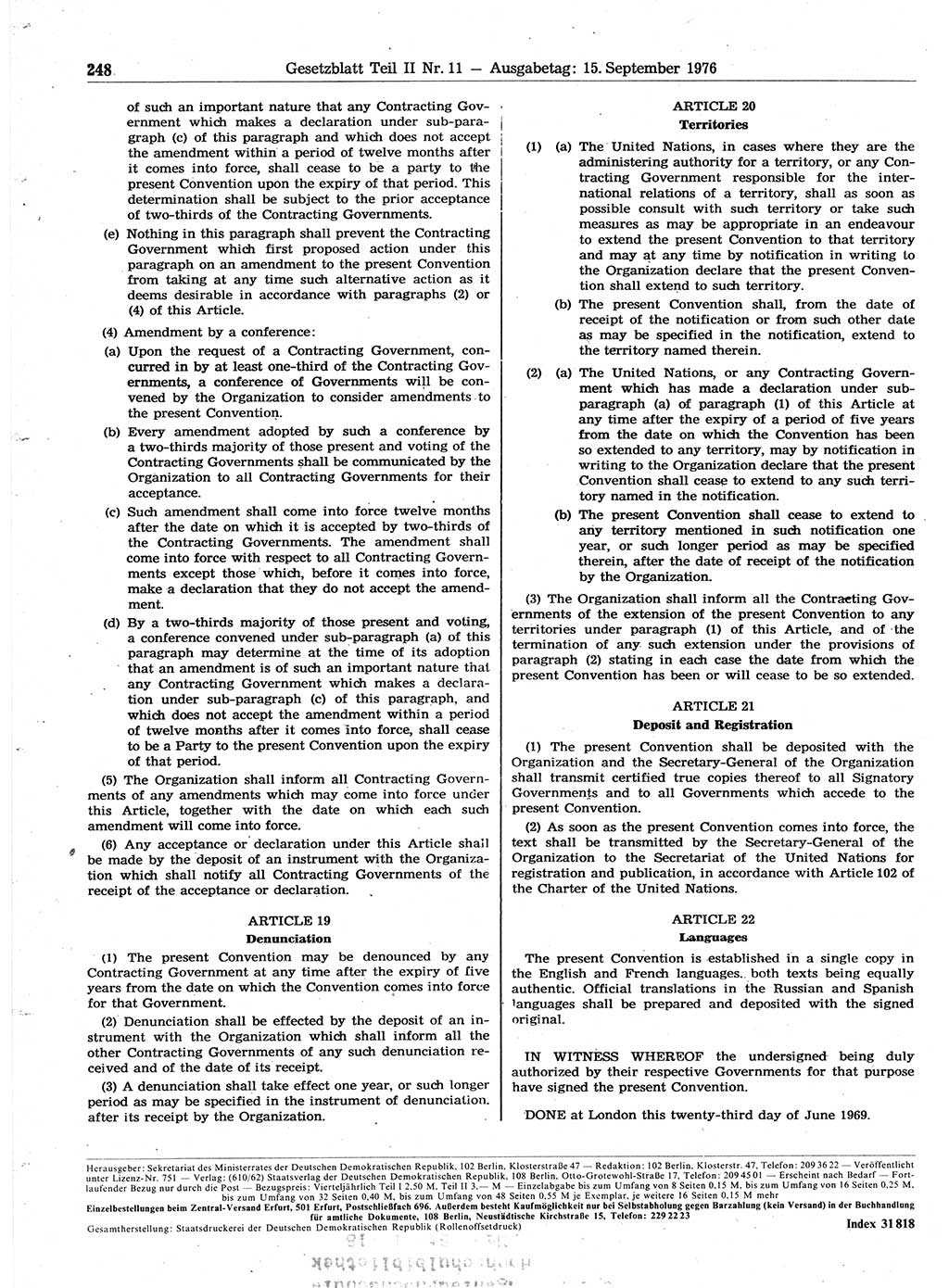 Gesetzblatt (GBl.) der Deutschen Demokratischen Republik (DDR) Teil ⅠⅠ 1976, Seite 248 (GBl. DDR ⅠⅠ 1976, S. 248)