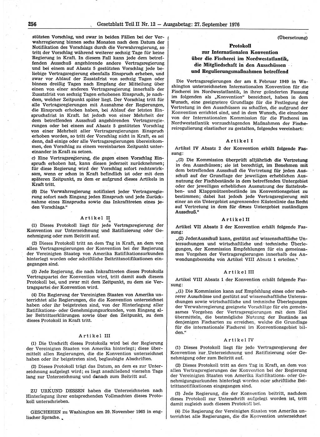 Gesetzblatt (GBl.) der Deutschen Demokratischen Republik (DDR) Teil ⅠⅠ 1976, Seite 256 (GBl. DDR ⅠⅠ 1976, S. 256)