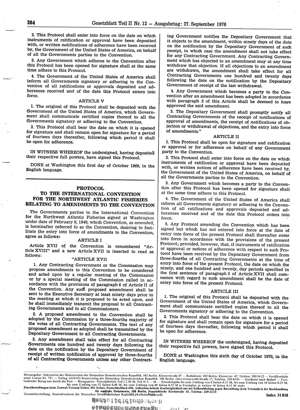 Gesetzblatt (GBl.) der Deutschen Demokratischen Republik (DDR) Teil ⅠⅠ 1976, Seite 264 (GBl. DDR ⅠⅠ 1976, S. 264)