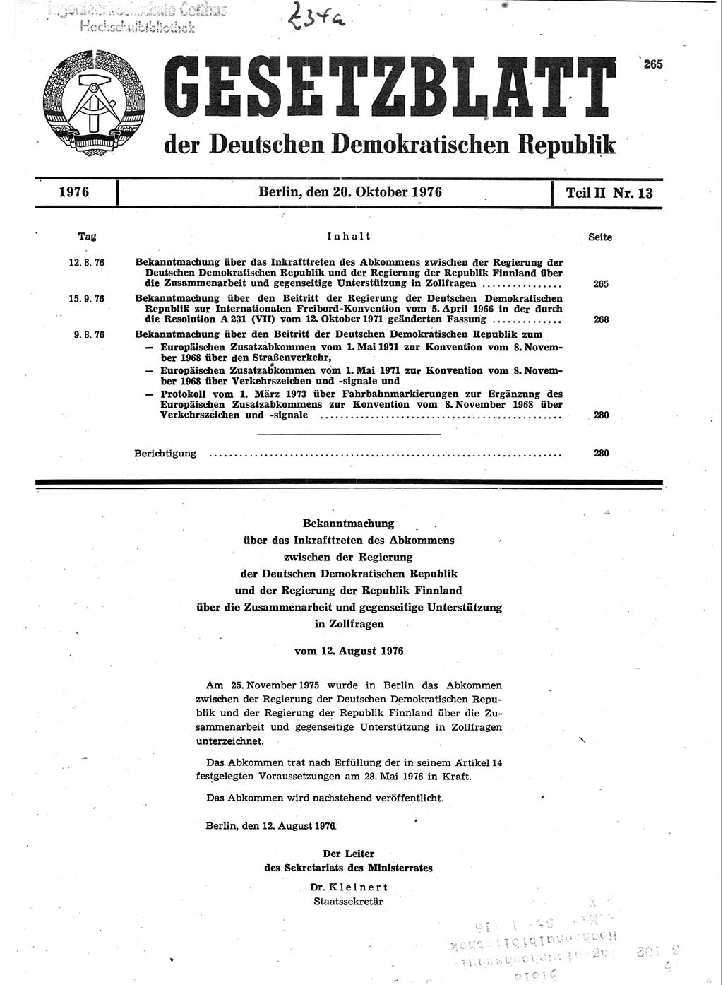 Gesetzblatt (GBl.) der Deutschen Demokratischen Republik (DDR) Teil ⅠⅠ 1976, Seite 265 (GBl. DDR ⅠⅠ 1976, S. 265)
