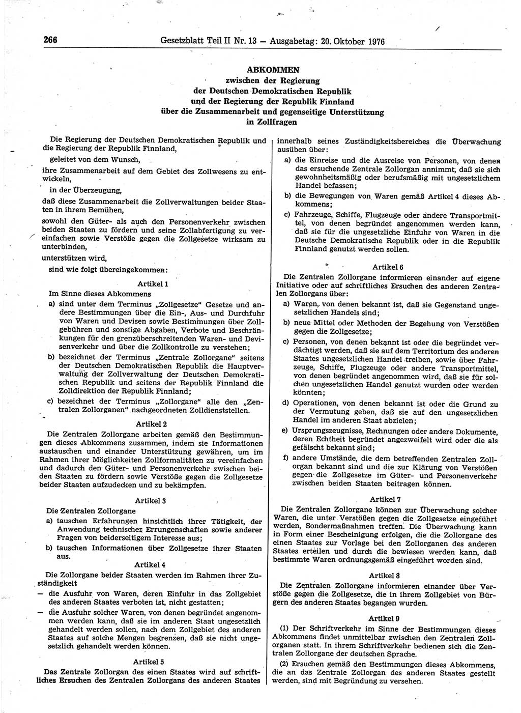 Gesetzblatt (GBl.) der Deutschen Demokratischen Republik (DDR) Teil ⅠⅠ 1976, Seite 266 (GBl. DDR ⅠⅠ 1976, S. 266)