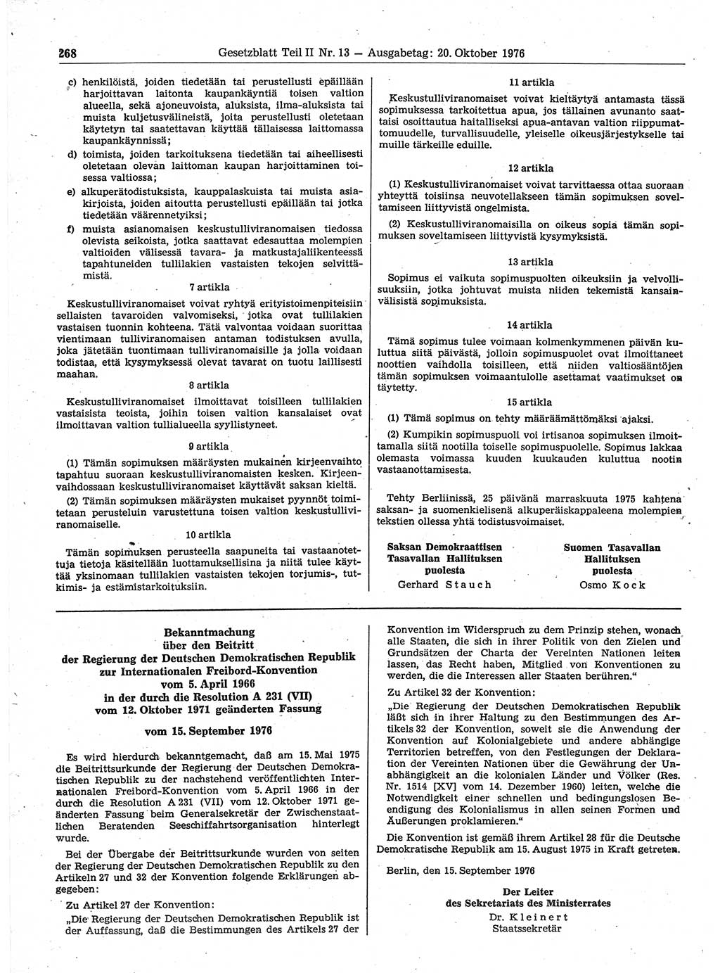 Gesetzblatt (GBl.) der Deutschen Demokratischen Republik (DDR) Teil ⅠⅠ 1976, Seite 268 (GBl. DDR ⅠⅠ 1976, S. 268)