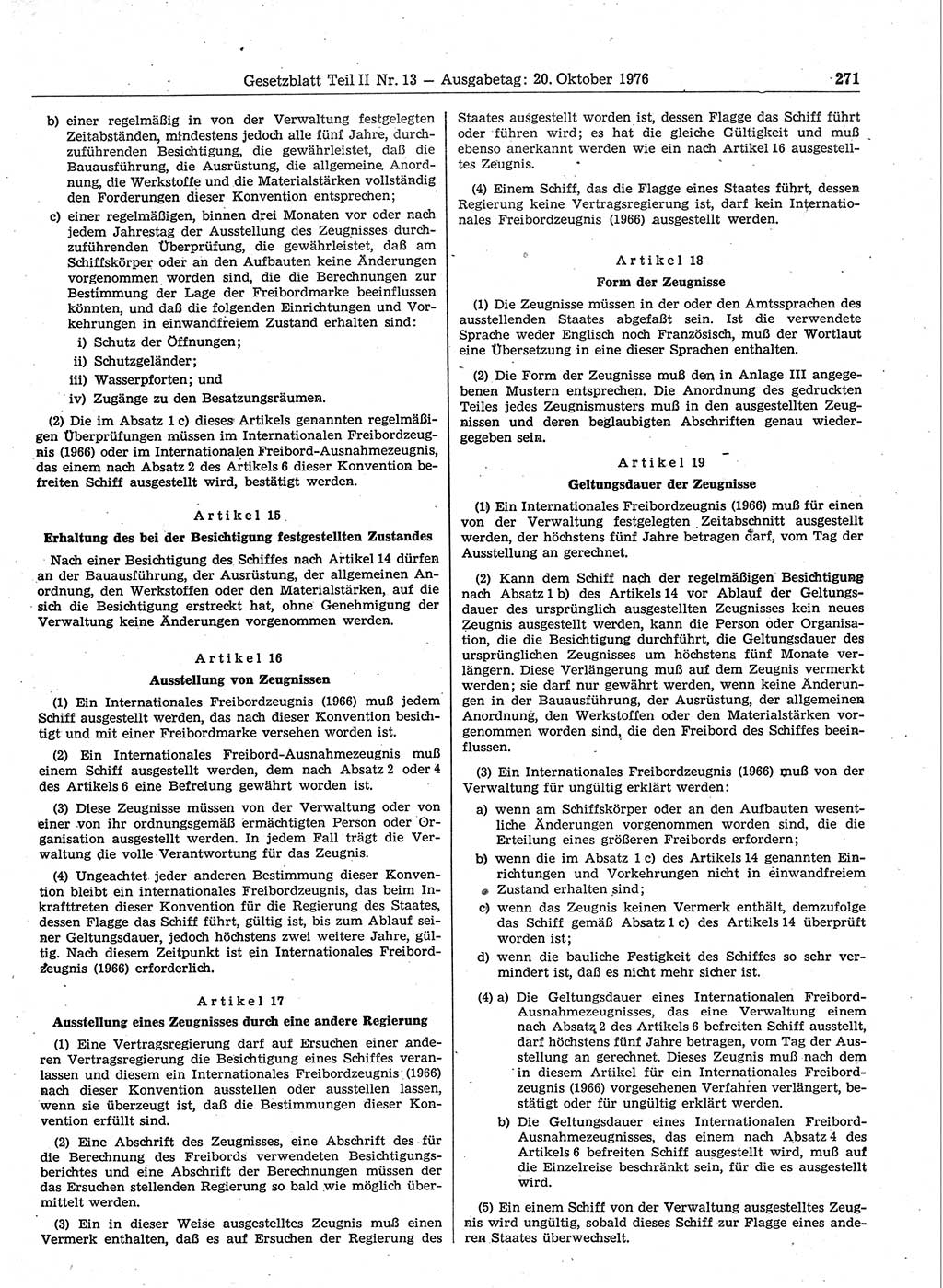Gesetzblatt (GBl.) der Deutschen Demokratischen Republik (DDR) Teil ⅠⅠ 1976, Seite 271 (GBl. DDR ⅠⅠ 1976, S. 271)