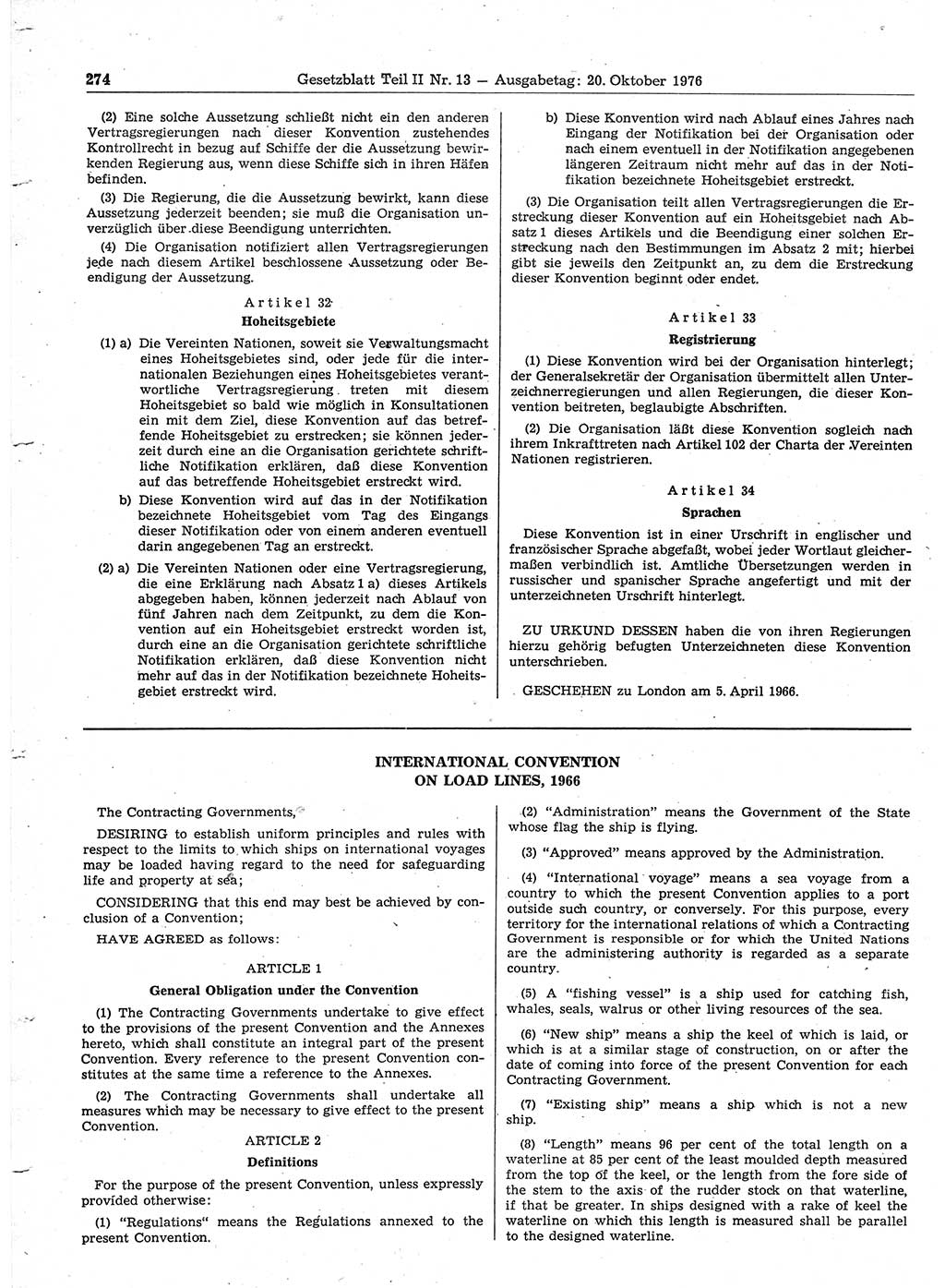 Gesetzblatt (GBl.) der Deutschen Demokratischen Republik (DDR) Teil ⅠⅠ 1976, Seite 274 (GBl. DDR ⅠⅠ 1976, S. 274)