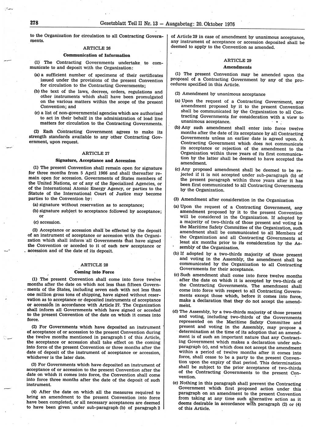 Gesetzblatt (GBl.) der Deutschen Demokratischen Republik (DDR) Teil ⅠⅠ 1976, Seite 278 (GBl. DDR ⅠⅠ 1976, S. 278)