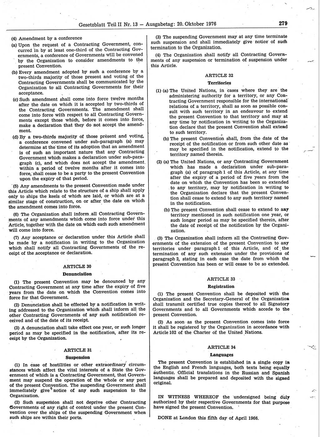 Gesetzblatt (GBl.) der Deutschen Demokratischen Republik (DDR) Teil ⅠⅠ 1976, Seite 279 (GBl. DDR ⅠⅠ 1976, S. 279)
