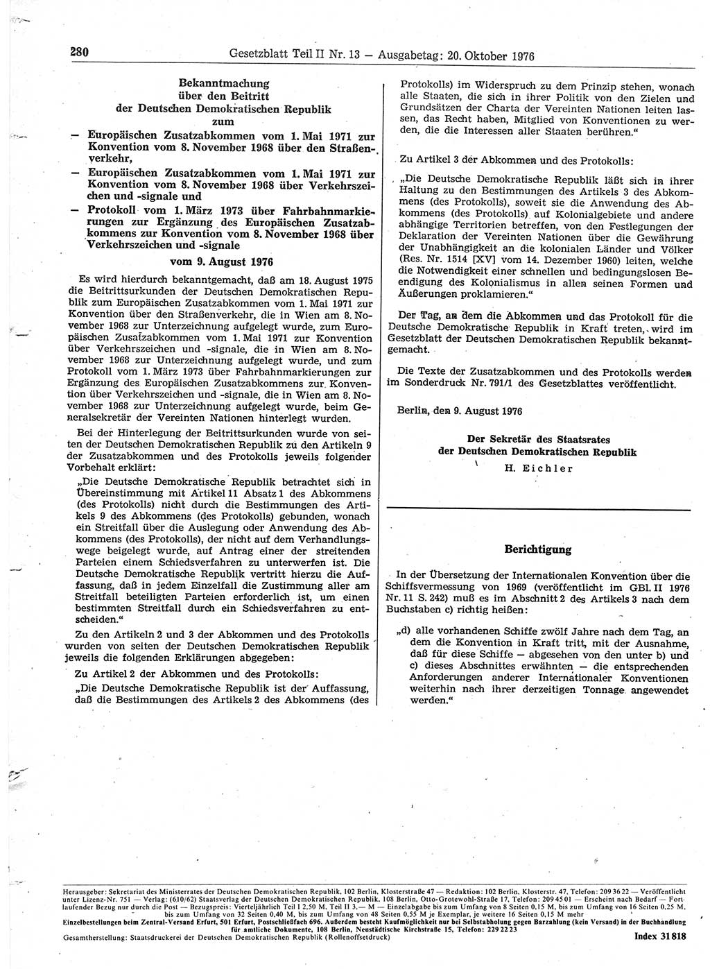 Gesetzblatt (GBl.) der Deutschen Demokratischen Republik (DDR) Teil ⅠⅠ 1976, Seite 280 (GBl. DDR ⅠⅠ 1976, S. 280)