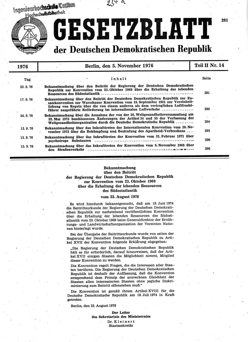 Gesetzblatt (GBl.) der Deutschen Demokratischen Republik (DDR) Teil ⅠⅠ 1976, Seite 281 (GBl. DDR ⅠⅠ 1976, S. 281)
