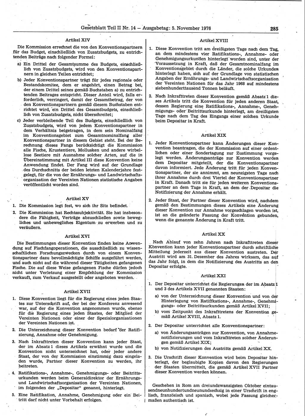 Gesetzblatt (GBl.) der Deutschen Demokratischen Republik (DDR) Teil ⅠⅠ 1976, Seite 285 (GBl. DDR ⅠⅠ 1976, S. 285)