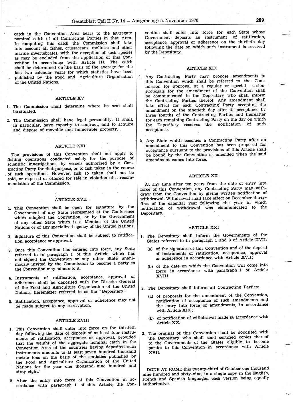 Gesetzblatt (GBl.) der Deutschen Demokratischen Republik (DDR) Teil ⅠⅠ 1976, Seite 289 (GBl. DDR ⅠⅠ 1976, S. 289)