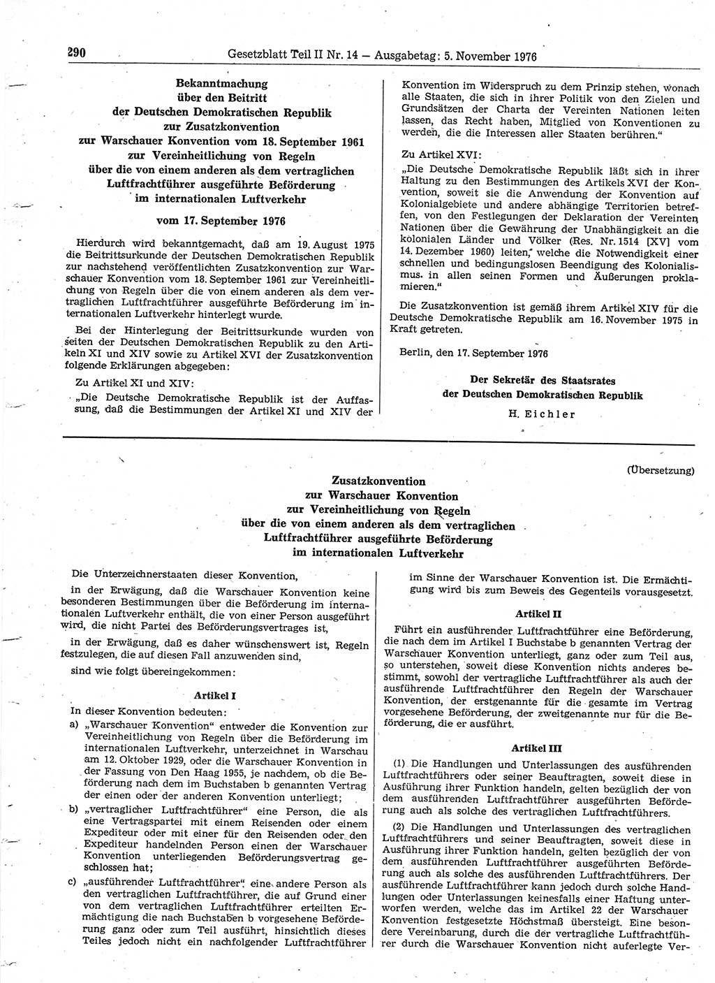 Gesetzblatt (GBl.) der Deutschen Demokratischen Republik (DDR) Teil ⅠⅠ 1976, Seite 290 (GBl. DDR ⅠⅠ 1976, S. 290)