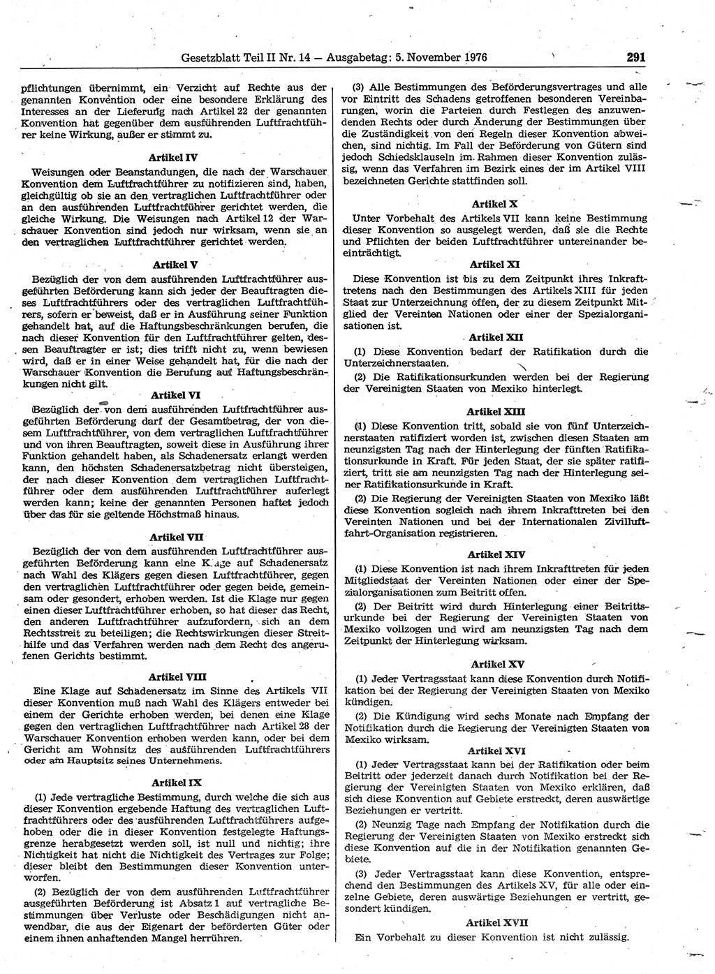 Gesetzblatt (GBl.) der Deutschen Demokratischen Republik (DDR) Teil ⅠⅠ 1976, Seite 291 (GBl. DDR ⅠⅠ 1976, S. 291)