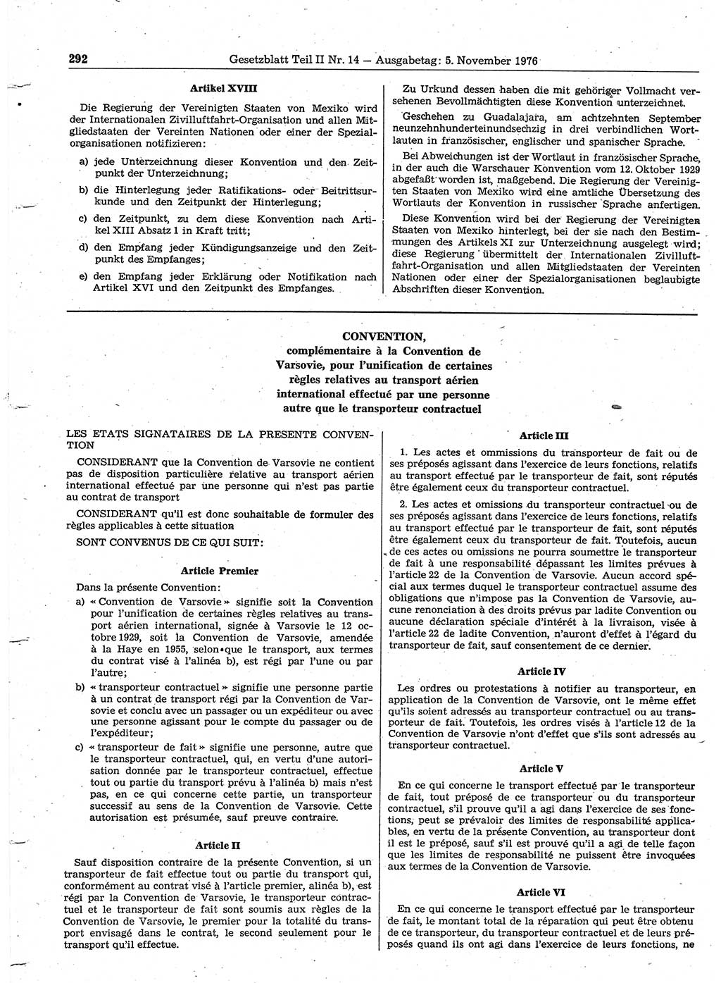 Gesetzblatt (GBl.) der Deutschen Demokratischen Republik (DDR) Teil ⅠⅠ 1976, Seite 292 (GBl. DDR ⅠⅠ 1976, S. 292)