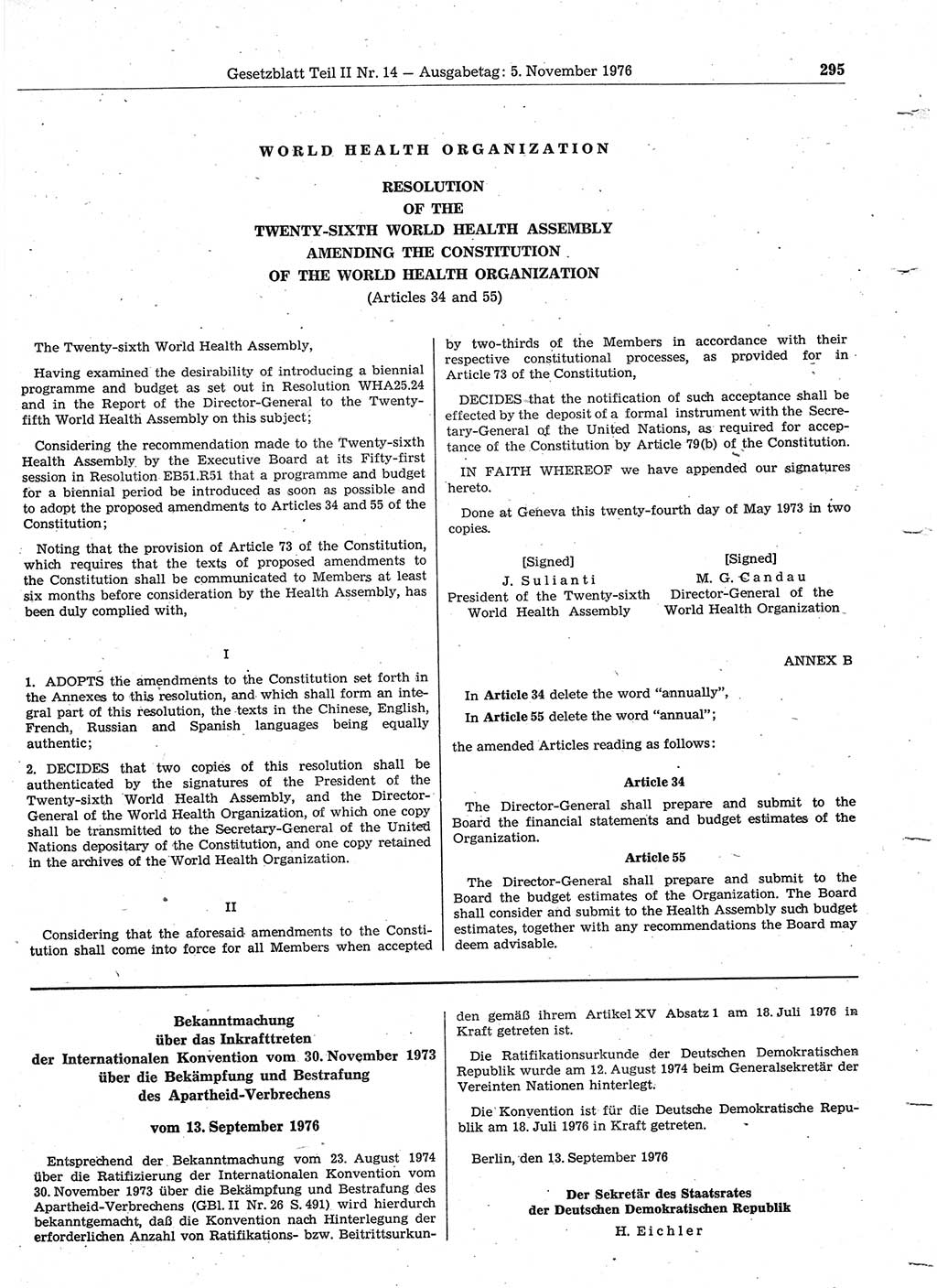 Gesetzblatt (GBl.) der Deutschen Demokratischen Republik (DDR) Teil ⅠⅠ 1976, Seite 295 (GBl. DDR ⅠⅠ 1976, S. 295)