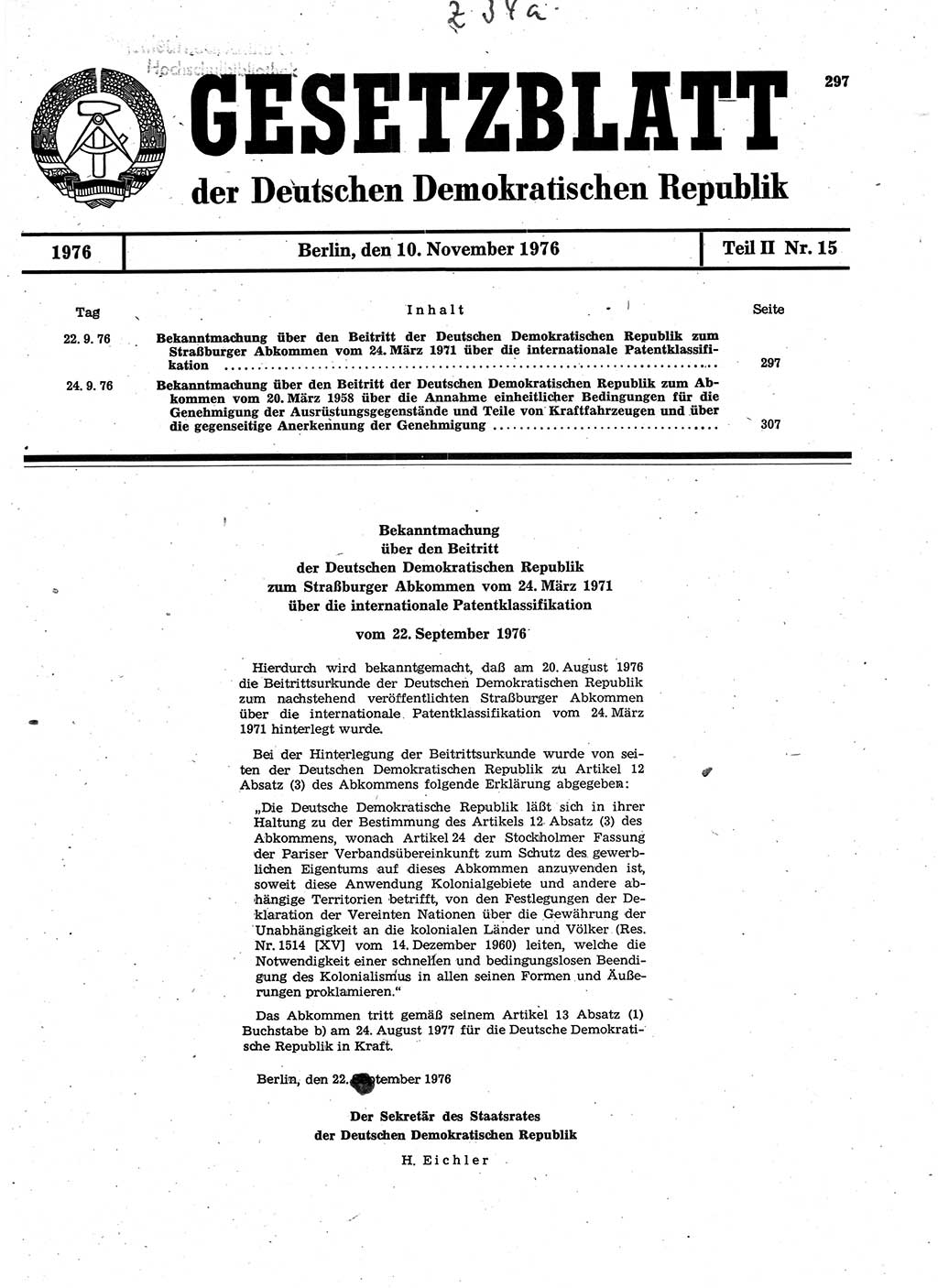 Gesetzblatt (GBl.) der Deutschen Demokratischen Republik (DDR) Teil ⅠⅠ 1976, Seite 297 (GBl. DDR ⅠⅠ 1976, S. 297)