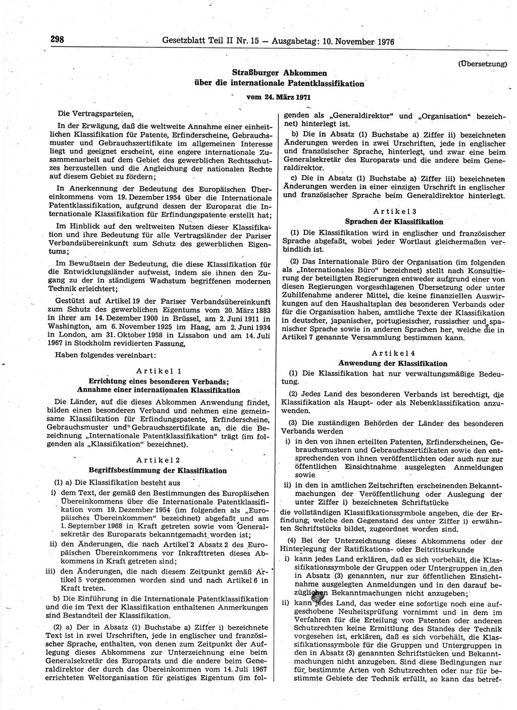 Gesetzblatt (GBl.) der Deutschen Demokratischen Republik (DDR) Teil ⅠⅠ 1976, Seite 298 (GBl. DDR ⅠⅠ 1976, S. 298)