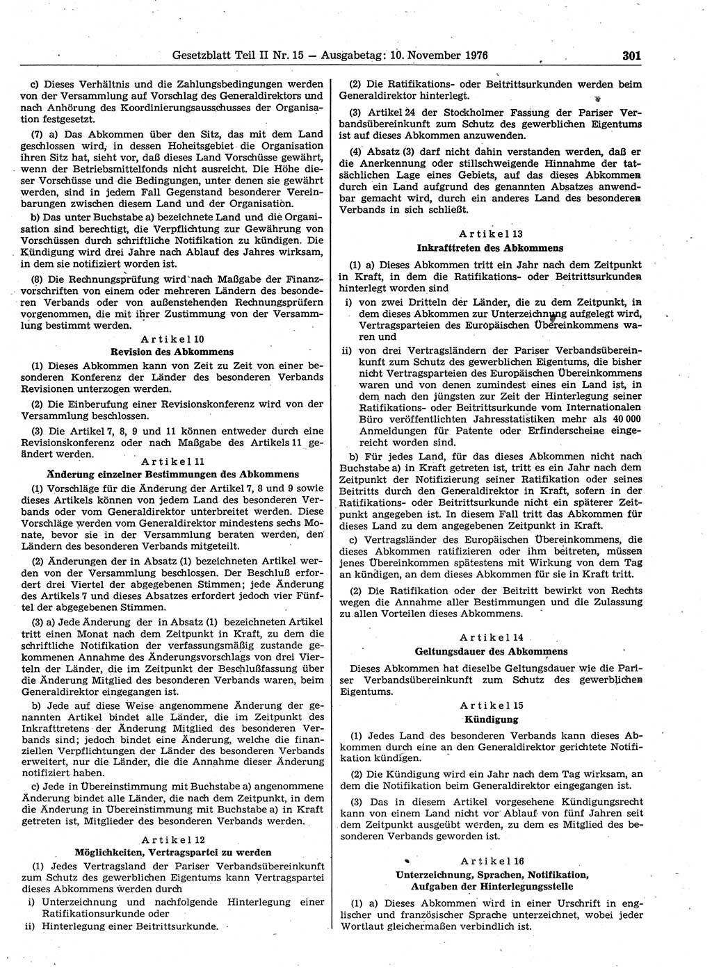 Gesetzblatt (GBl.) der Deutschen Demokratischen Republik (DDR) Teil ⅠⅠ 1976, Seite 301 (GBl. DDR ⅠⅠ 1976, S. 301)