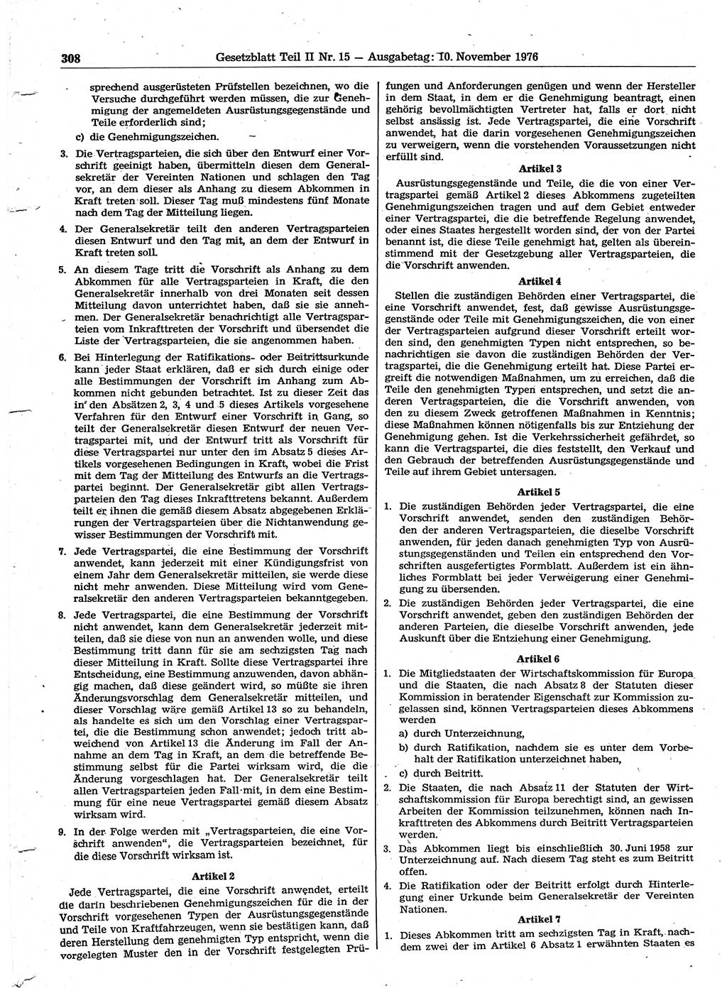 Gesetzblatt (GBl.) der Deutschen Demokratischen Republik (DDR) Teil ⅠⅠ 1976, Seite 308 (GBl. DDR ⅠⅠ 1976, S. 308)