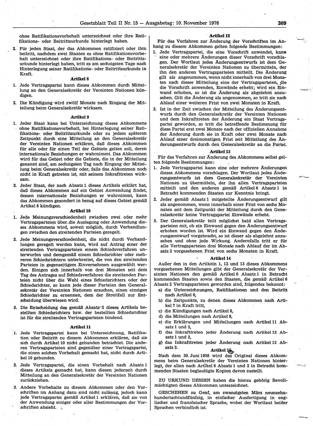 Gesetzblatt (GBl.) der Deutschen Demokratischen Republik (DDR) Teil ⅠⅠ 1976, Seite 309 (GBl. DDR ⅠⅠ 1976, S. 309)