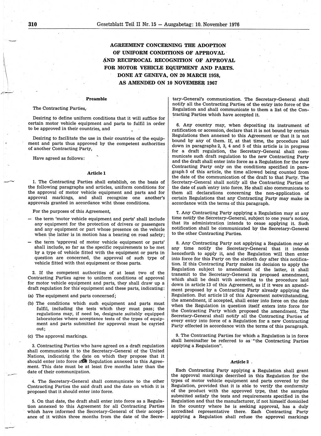 Gesetzblatt (GBl.) der Deutschen Demokratischen Republik (DDR) Teil ⅠⅠ 1976, Seite 310 (GBl. DDR ⅠⅠ 1976, S. 310)