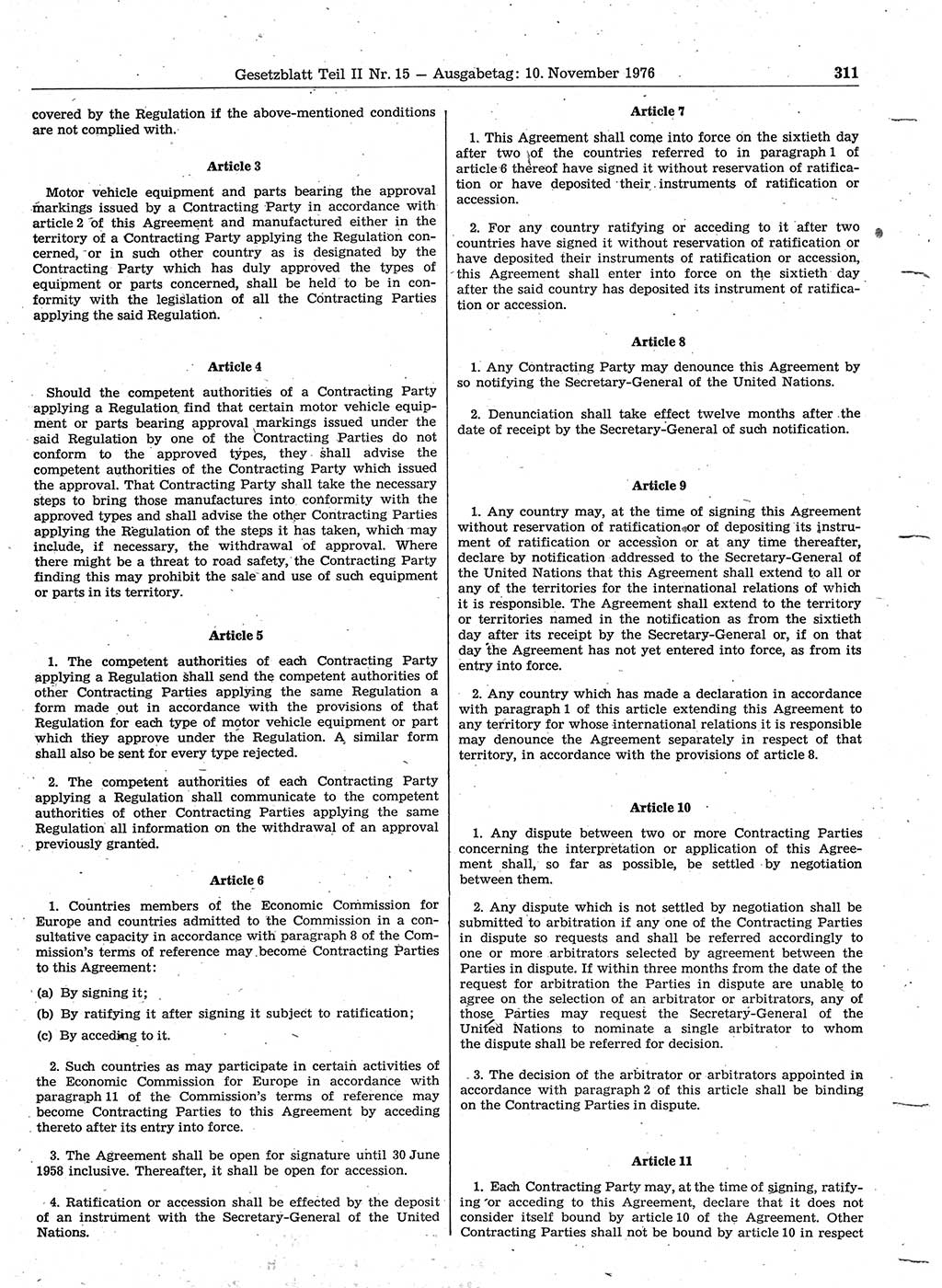 Gesetzblatt (GBl.) der Deutschen Demokratischen Republik (DDR) Teil ⅠⅠ 1976, Seite 311 (GBl. DDR ⅠⅠ 1976, S. 311)
