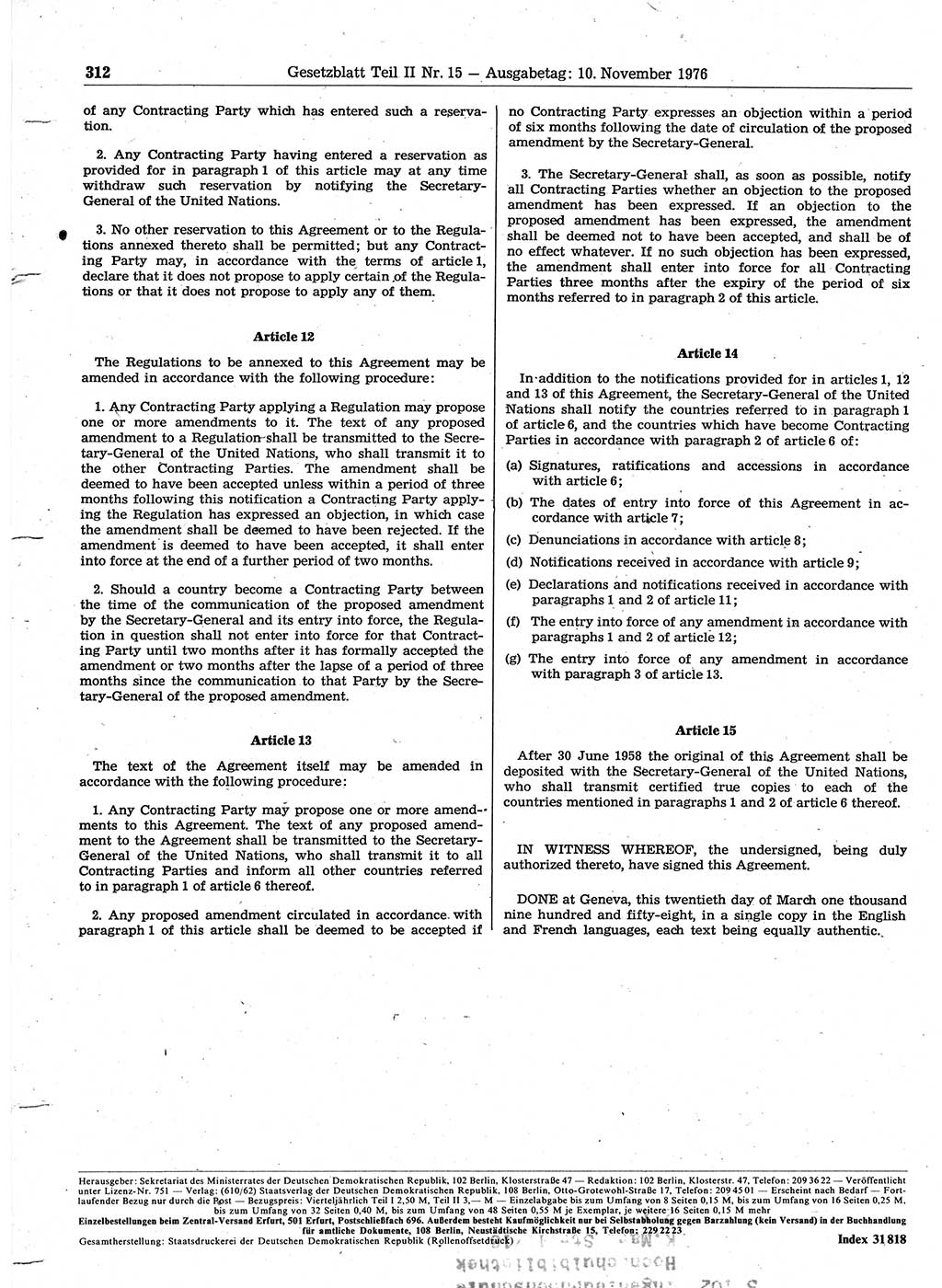 Gesetzblatt (GBl.) der Deutschen Demokratischen Republik (DDR) Teil ⅠⅠ 1976, Seite 312 (GBl. DDR ⅠⅠ 1976, S. 312)