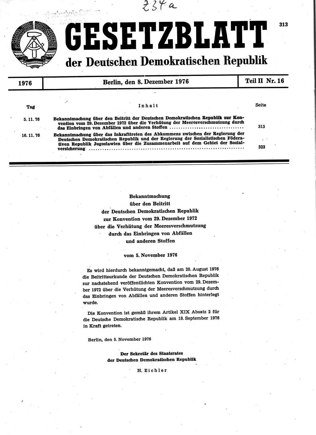 Gesetzblatt (GBl.) der Deutschen Demokratischen Republik (DDR) Teil ⅠⅠ 1976, Seite 313 (GBl. DDR ⅠⅠ 1976, S. 313)