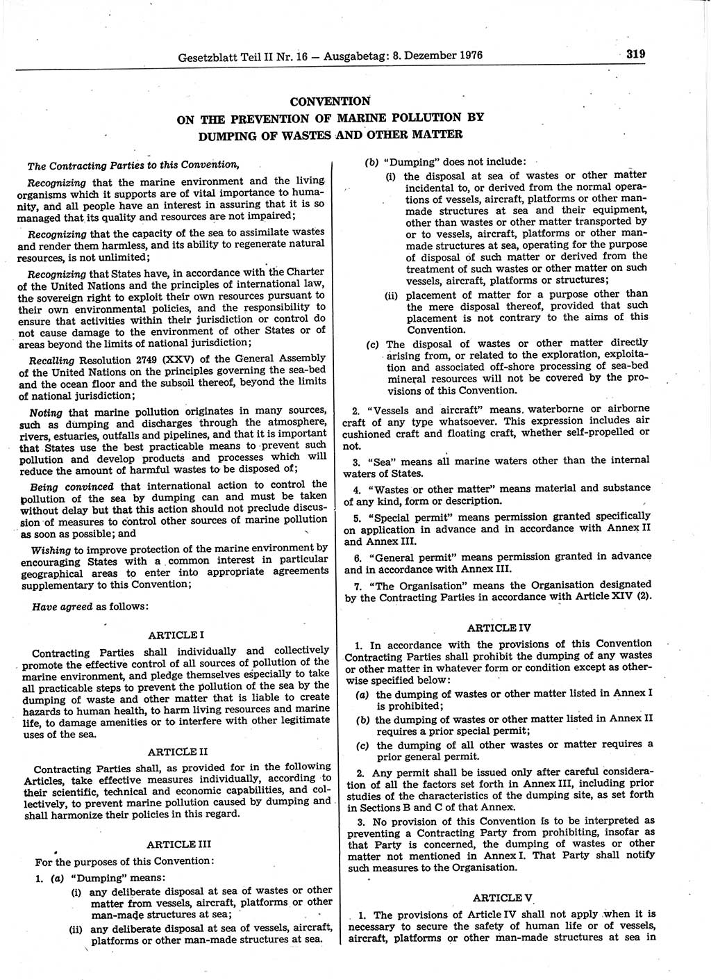 Gesetzblatt (GBl.) der Deutschen Demokratischen Republik (DDR) Teil ⅠⅠ 1976, Seite 319 (GBl. DDR ⅠⅠ 1976, S. 319)