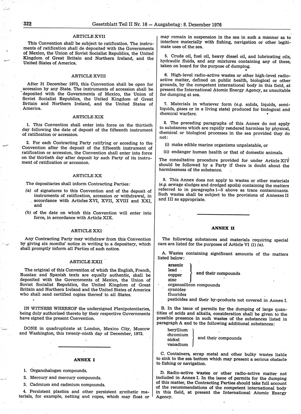 Gesetzblatt (GBl.) der Deutschen Demokratischen Republik (DDR) Teil ⅠⅠ 1976, Seite 322 (GBl. DDR ⅠⅠ 1976, S. 322)