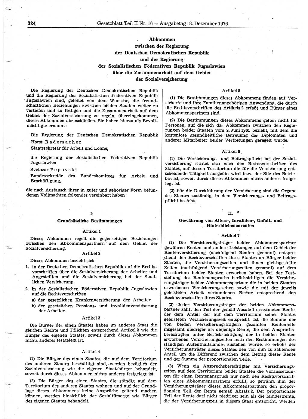Gesetzblatt (GBl.) der Deutschen Demokratischen Republik (DDR) Teil ⅠⅠ 1976, Seite 324 (GBl. DDR ⅠⅠ 1976, S. 324)