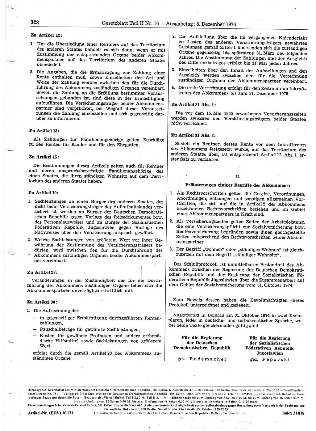 Gesetzblatt (GBl.) der Deutschen Demokratischen Republik (DDR) Teil ⅠⅠ 1976, Seite 328 (GBl. DDR ⅠⅠ 1976, S. 328)