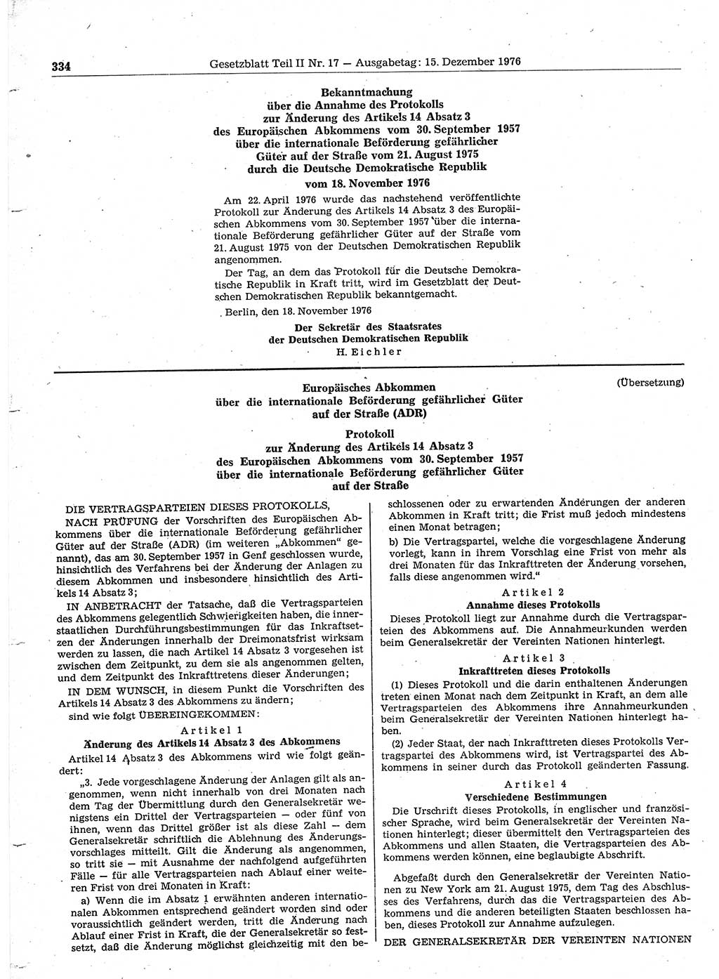 Gesetzblatt (GBl.) der Deutschen Demokratischen Republik (DDR) Teil ⅠⅠ 1976, Seite 334 (GBl. DDR ⅠⅠ 1976, S. 334)