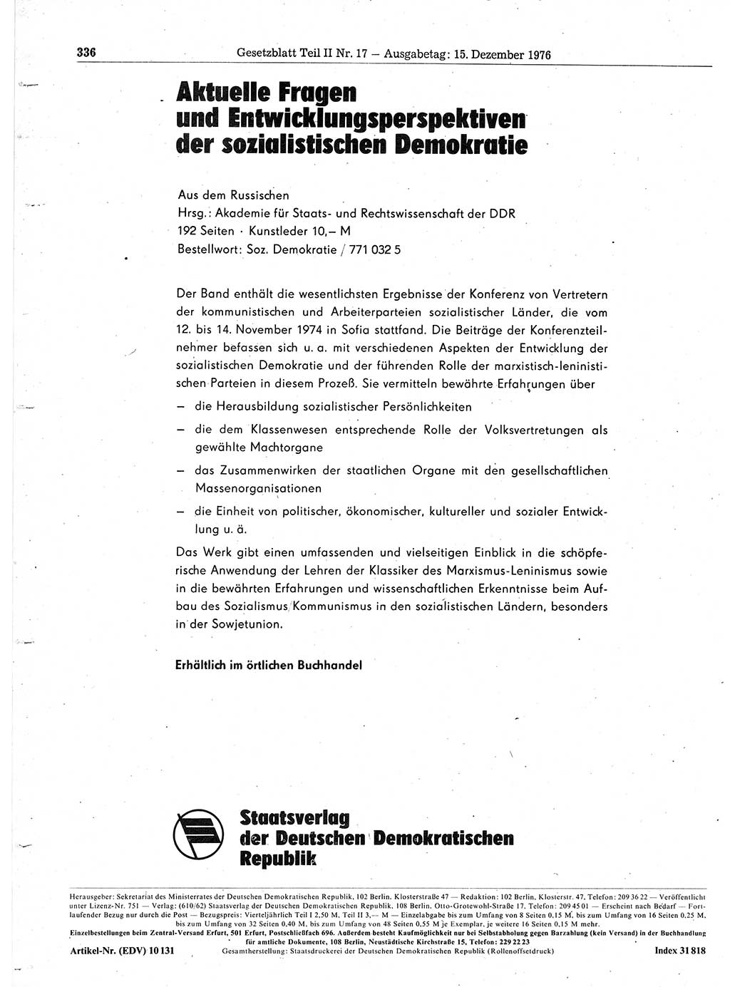 Gesetzblatt (GBl.) der Deutschen Demokratischen Republik (DDR) Teil ⅠⅠ 1976, Seite 336 (GBl. DDR ⅠⅠ 1976, S. 336)