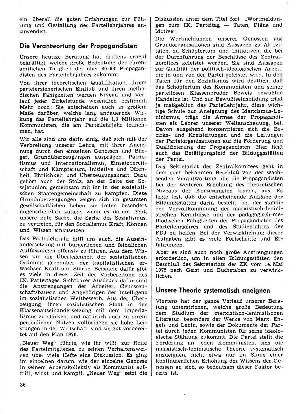 Neuer Weg (NW), Organ des Zentralkomitees (ZK) der SED (Sozialistische Einheitspartei Deutschlands) für Fragen des Parteilebens, 31. Jahrgang [Deutsche Demokratische Republik (DDR)] 1976, Seite 36 (NW ZK SED DDR 1976, S. 36)
