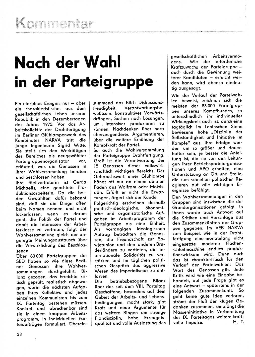Neuer Weg (NW), Organ des Zentralkomitees (ZK) der SED (Sozialistische Einheitspartei Deutschlands) für Fragen des Parteilebens, 31. Jahrgang [Deutsche Demokratische Republik (DDR)] 1976, Seite 38 (NW ZK SED DDR 1976, S. 38)