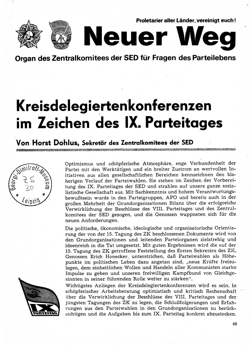 Neuer Weg (NW), Organ des Zentralkomitees (ZK) der SED (Sozialistische Einheitspartei Deutschlands) für Fragen des Parteilebens, 31. Jahrgang [Deutsche Demokratische Republik (DDR)] 1976, Seite 49 (NW ZK SED DDR 1976, S. 49)