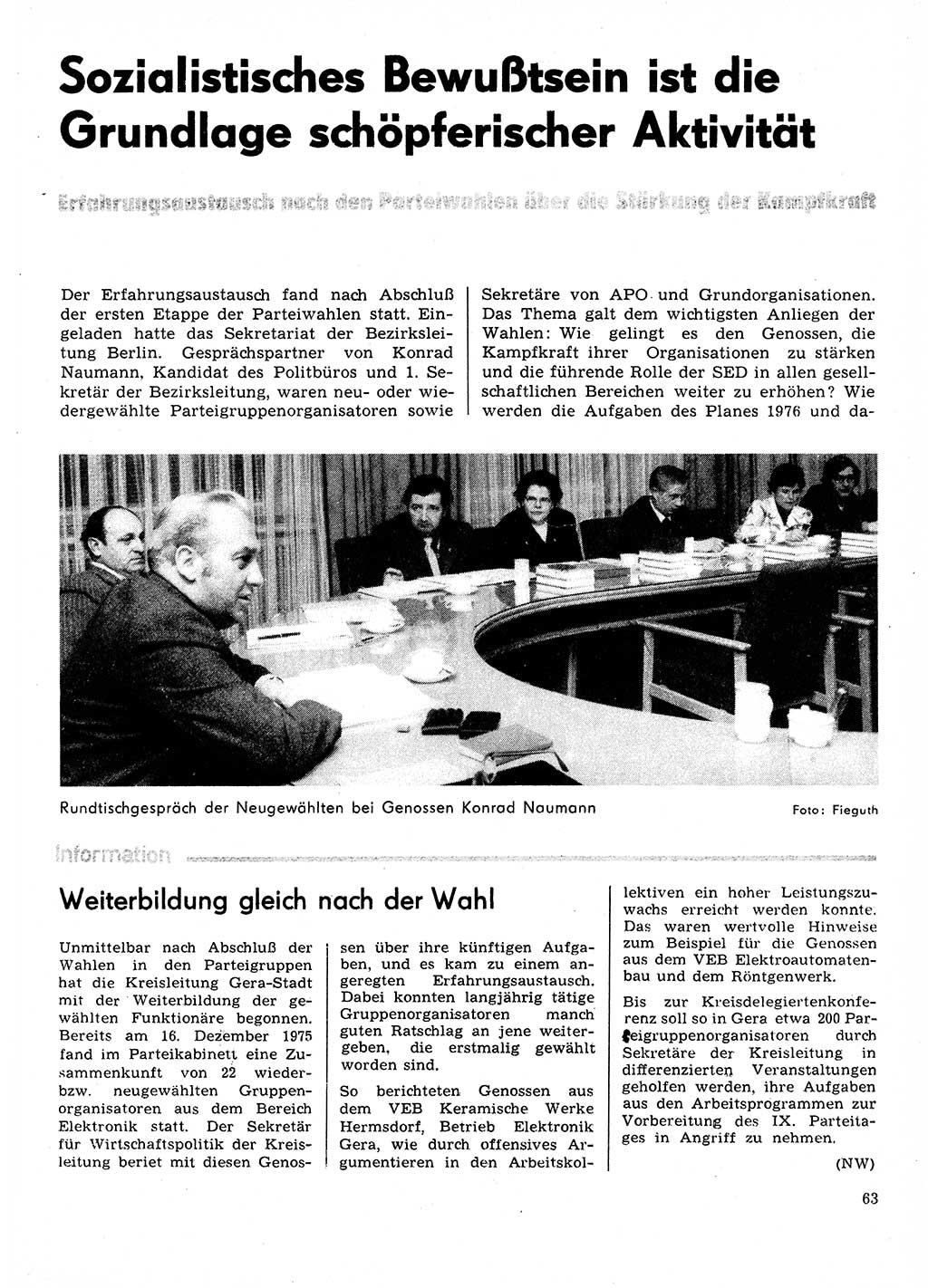 Neuer Weg (NW), Organ des Zentralkomitees (ZK) der SED (Sozialistische Einheitspartei Deutschlands) für Fragen des Parteilebens, 31. Jahrgang [Deutsche Demokratische Republik (DDR)] 1976, Seite 63 (NW ZK SED DDR 1976, S. 63)