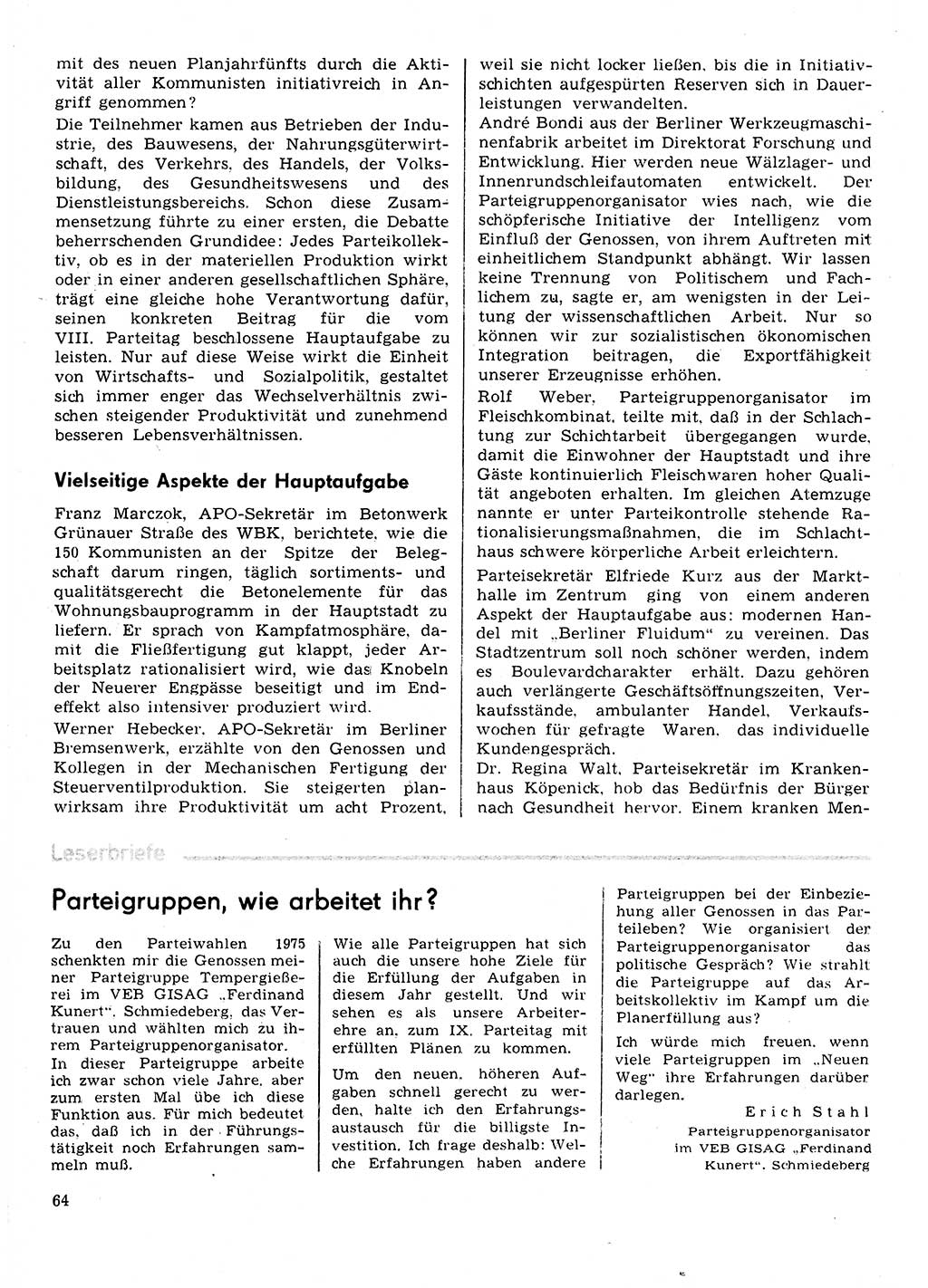 Neuer Weg (NW), Organ des Zentralkomitees (ZK) der SED (Sozialistische Einheitspartei Deutschlands) für Fragen des Parteilebens, 31. Jahrgang [Deutsche Demokratische Republik (DDR)] 1976, Seite 64 (NW ZK SED DDR 1976, S. 64)