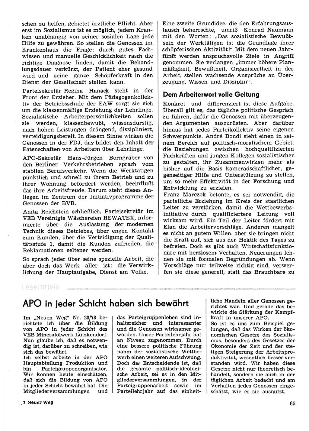 Neuer Weg (NW), Organ des Zentralkomitees (ZK) der SED (Sozialistische Einheitspartei Deutschlands) für Fragen des Parteilebens, 31. Jahrgang [Deutsche Demokratische Republik (DDR)] 1976, Seite 65 (NW ZK SED DDR 1976, S. 65)