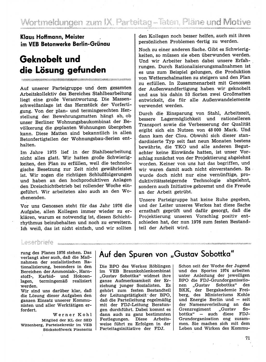 Neuer Weg (NW), Organ des Zentralkomitees (ZK) der SED (Sozialistische Einheitspartei Deutschlands) für Fragen des Parteilebens, 31. Jahrgang [Deutsche Demokratische Republik (DDR)] 1976, Seite 71 (NW ZK SED DDR 1976, S. 71)