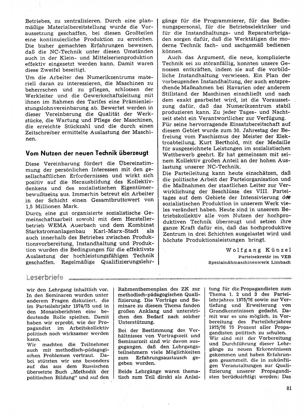 Neuer Weg (NW), Organ des Zentralkomitees (ZK) der SED (Sozialistische Einheitspartei Deutschlands) für Fragen des Parteilebens, 31. Jahrgang [Deutsche Demokratische Republik (DDR)] 1976, Seite 81 (NW ZK SED DDR 1976, S. 81)