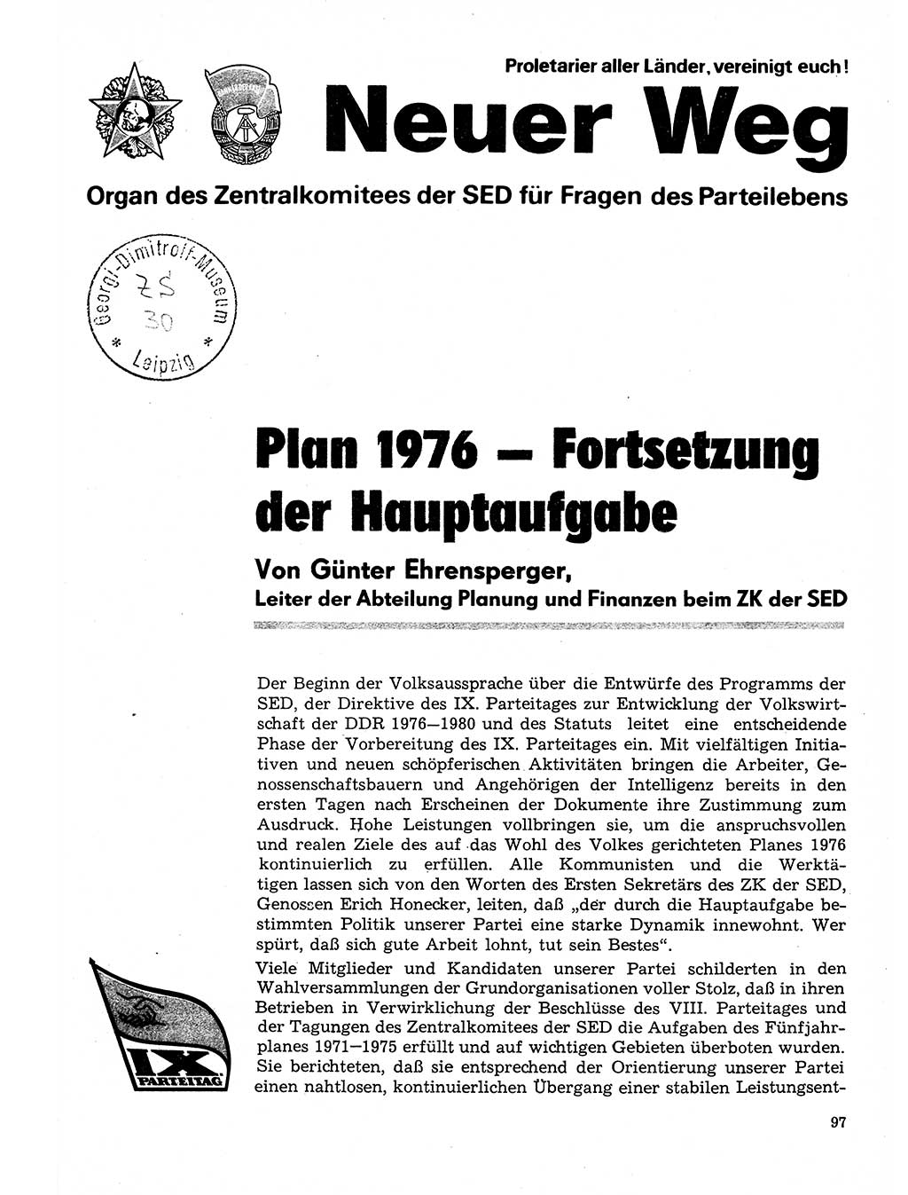 Neuer Weg (NW), Organ des Zentralkomitees (ZK) der SED (Sozialistische Einheitspartei Deutschlands) für Fragen des Parteilebens, 31. Jahrgang [Deutsche Demokratische Republik (DDR)] 1976, Seite 97 (NW ZK SED DDR 1976, S. 97)