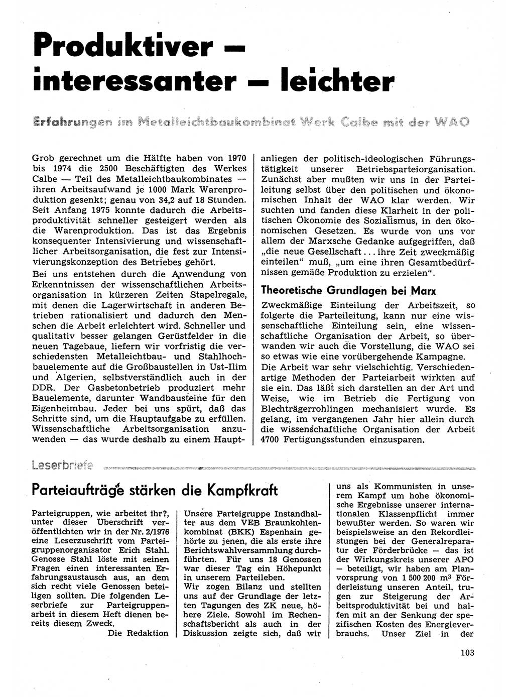 Neuer Weg (NW), Organ des Zentralkomitees (ZK) der SED (Sozialistische Einheitspartei Deutschlands) für Fragen des Parteilebens, 31. Jahrgang [Deutsche Demokratische Republik (DDR)] 1976, Seite 103 (NW ZK SED DDR 1976, S. 103)