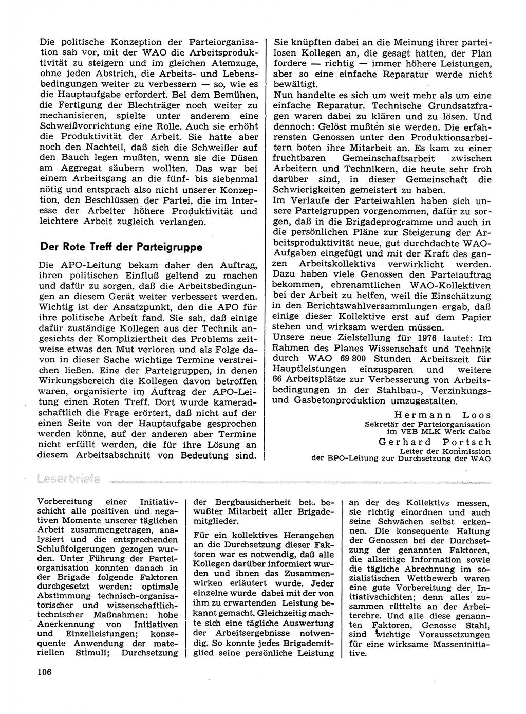 Neuer Weg (NW), Organ des Zentralkomitees (ZK) der SED (Sozialistische Einheitspartei Deutschlands) für Fragen des Parteilebens, 31. Jahrgang [Deutsche Demokratische Republik (DDR)] 1976, Seite 106 (NW ZK SED DDR 1976, S. 106)