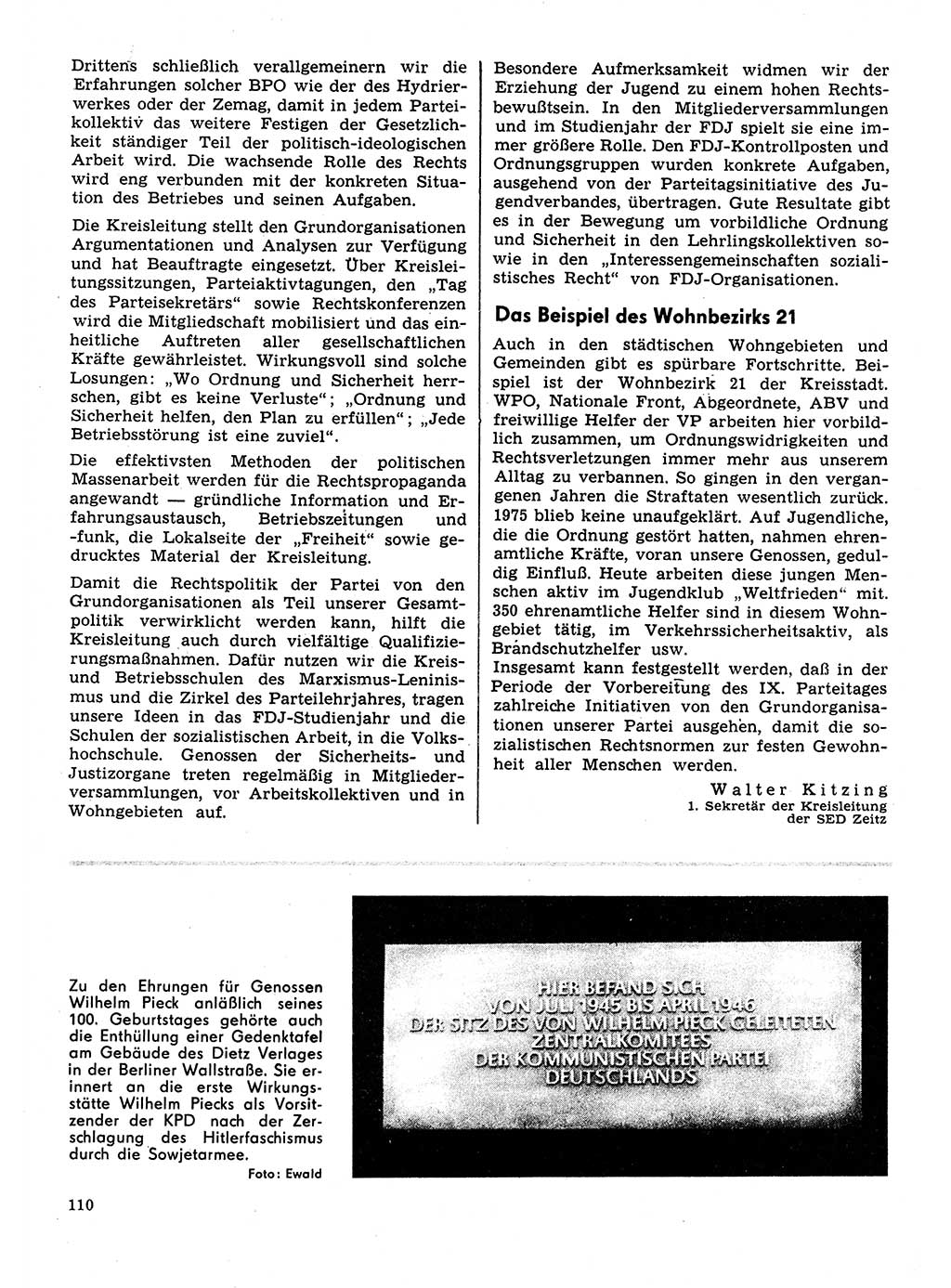 Neuer Weg (NW), Organ des Zentralkomitees (ZK) der SED (Sozialistische Einheitspartei Deutschlands) fÃ¼r Fragen des Parteilebens, 31. Jahrgang [Deutsche Demokratische Republik (DDR)] 1976, Seite 110 (NW ZK SED DDR 1976, S. 110)