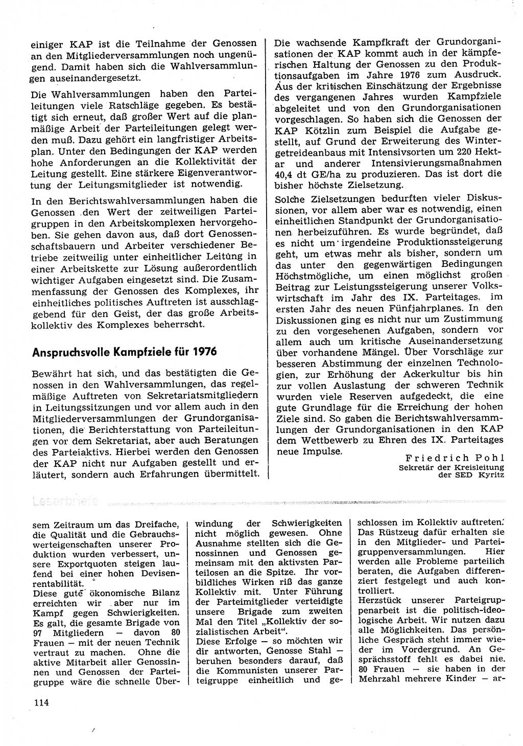 Neuer Weg (NW), Organ des Zentralkomitees (ZK) der SED (Sozialistische Einheitspartei Deutschlands) für Fragen des Parteilebens, 31. Jahrgang [Deutsche Demokratische Republik (DDR)] 1976, Seite 114 (NW ZK SED DDR 1976, S. 114)