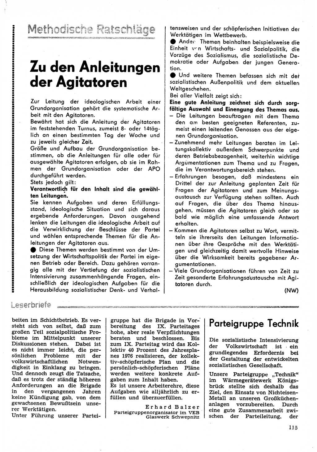 Neuer Weg (NW), Organ des Zentralkomitees (ZK) der SED (Sozialistische Einheitspartei Deutschlands) für Fragen des Parteilebens, 31. Jahrgang [Deutsche Demokratische Republik (DDR)] 1976, Seite 115 (NW ZK SED DDR 1976, S. 115)