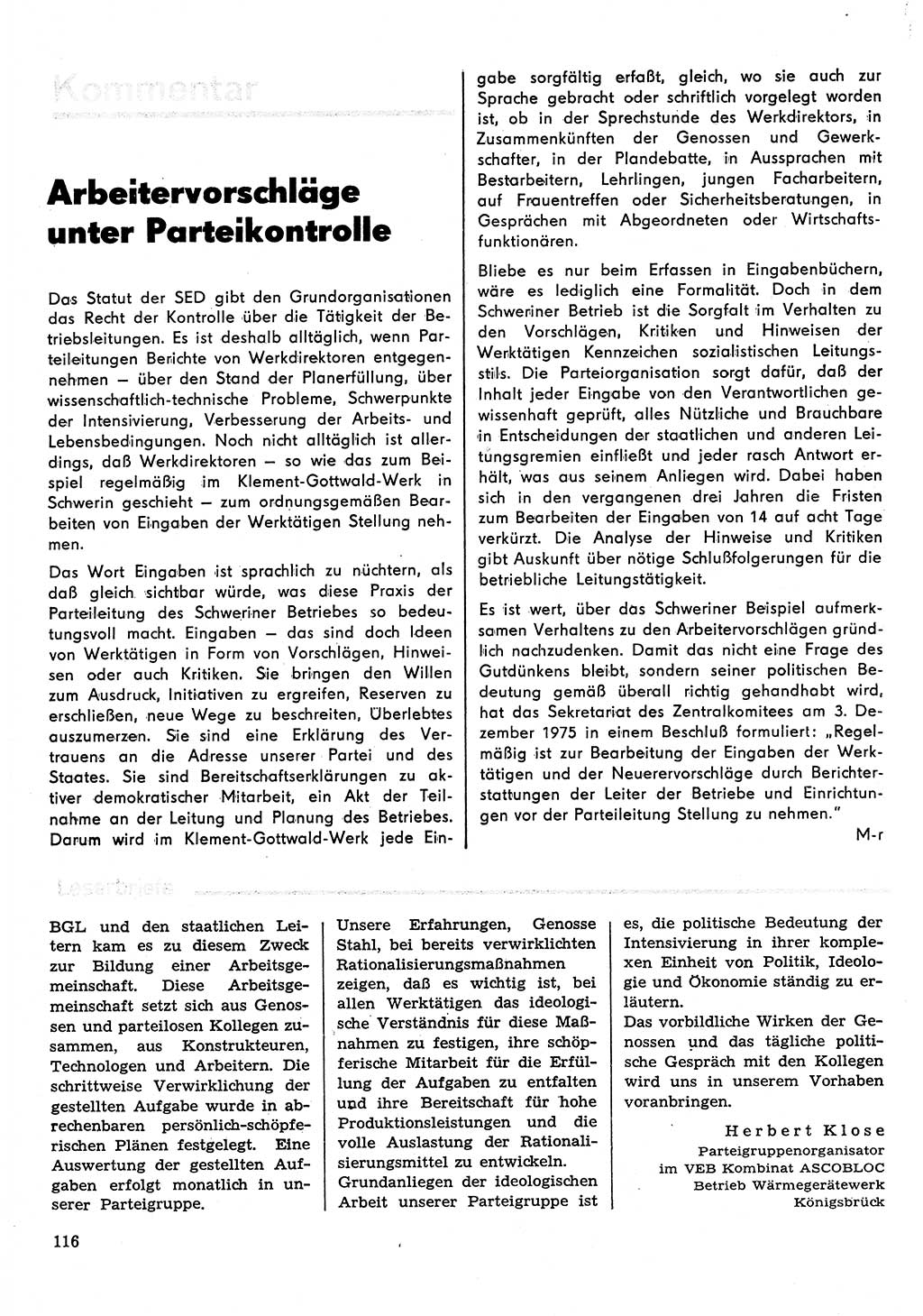 Neuer Weg (NW), Organ des Zentralkomitees (ZK) der SED (Sozialistische Einheitspartei Deutschlands) für Fragen des Parteilebens, 31. Jahrgang [Deutsche Demokratische Republik (DDR)] 1976, Seite 116 (NW ZK SED DDR 1976, S. 116)
