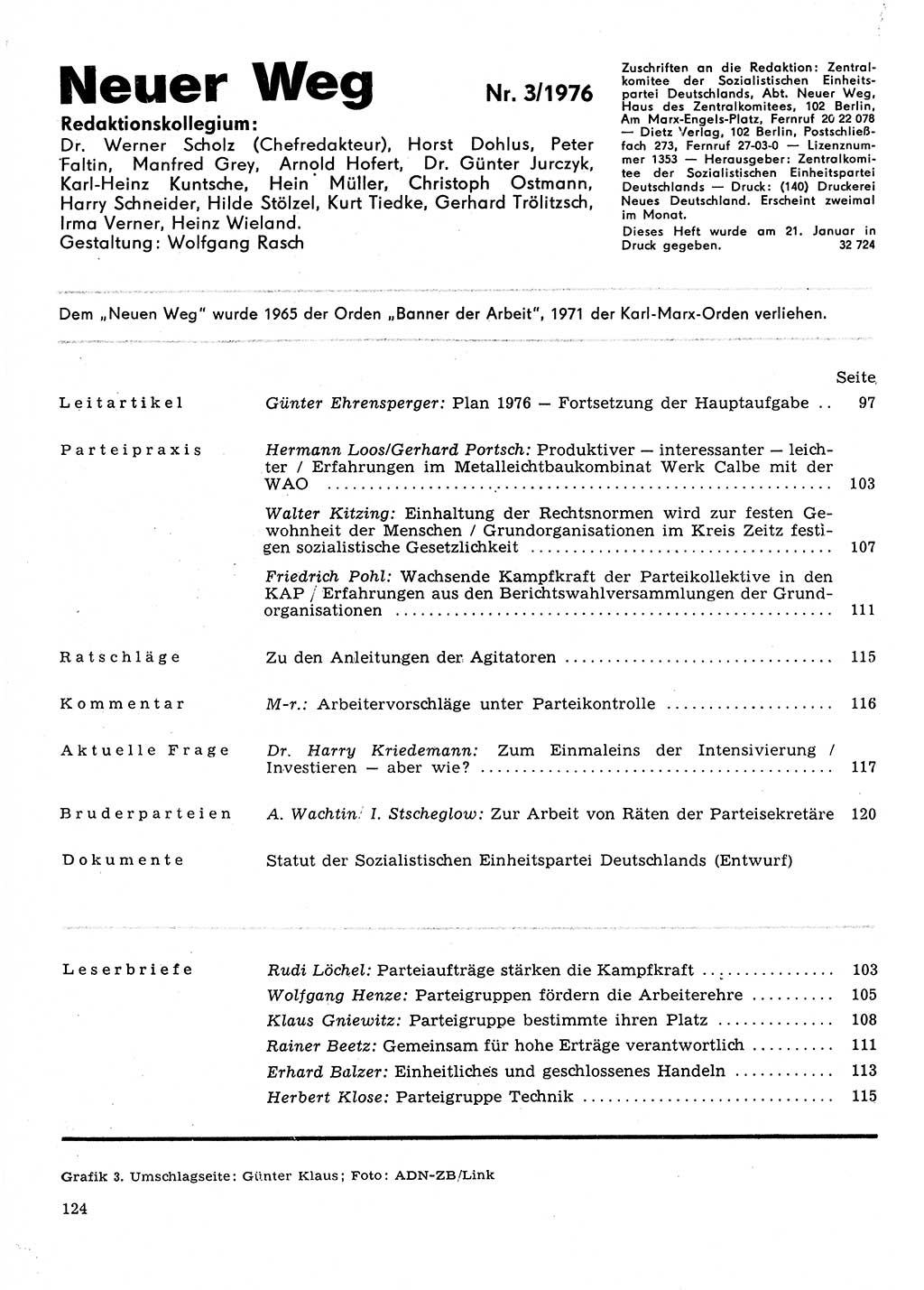 Neuer Weg (NW), Organ des Zentralkomitees (ZK) der SED (Sozialistische Einheitspartei Deutschlands) für Fragen des Parteilebens, 31. Jahrgang [Deutsche Demokratische Republik (DDR)] 1976, Seite 124 (NW ZK SED DDR 1976, S. 124)