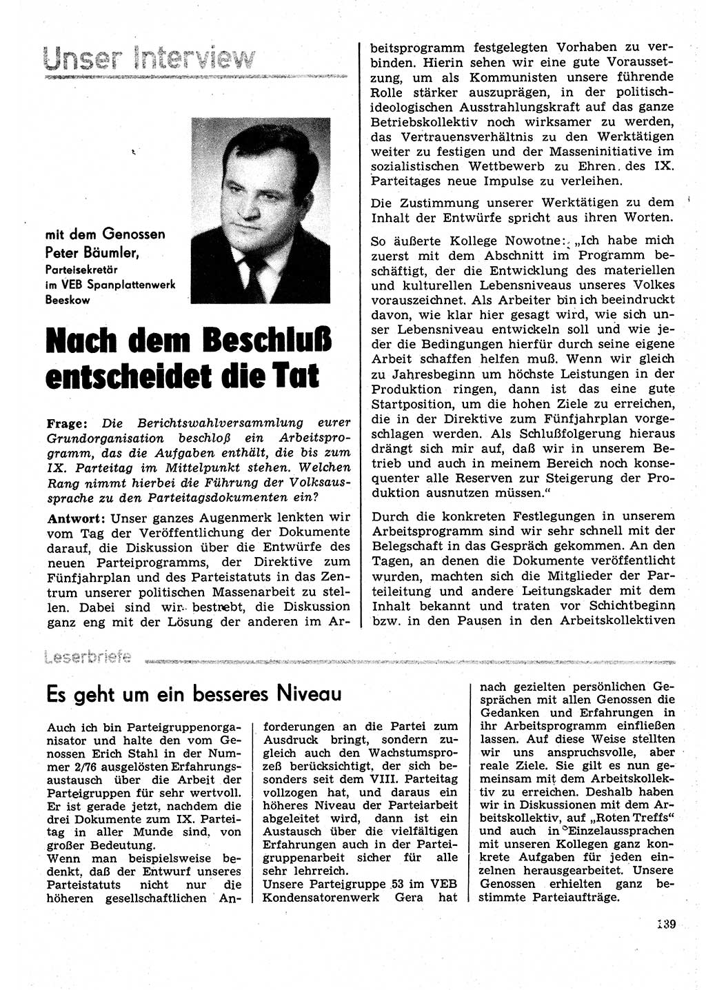 Neuer Weg (NW), Organ des Zentralkomitees (ZK) der SED (Sozialistische Einheitspartei Deutschlands) für Fragen des Parteilebens, 31. Jahrgang [Deutsche Demokratische Republik (DDR)] 1976, Seite 139 (NW ZK SED DDR 1976, S. 139)